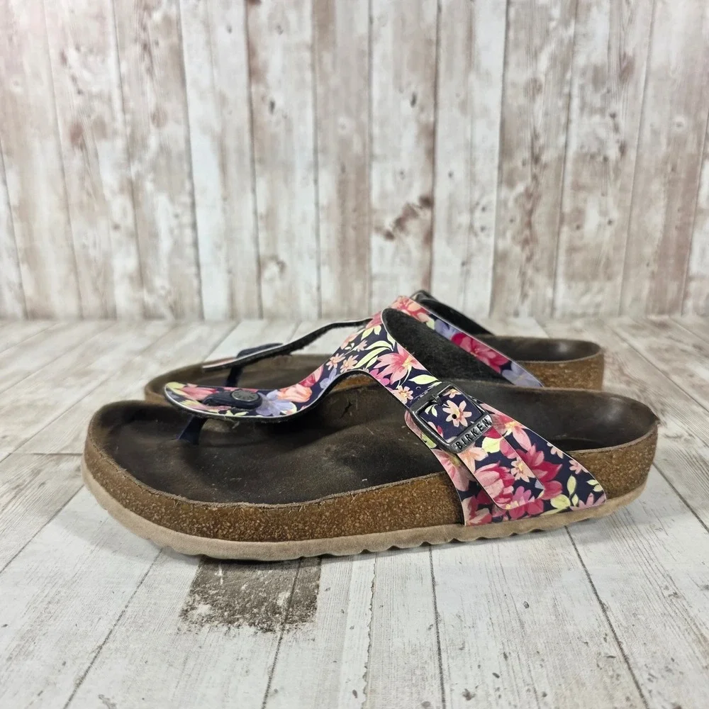 Birkenstock‎ Gizeh Floral Print Thong Sandals Navy Pink Women Shoes